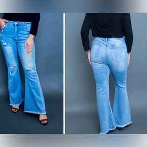 Risen Plus Size Denim Flare Jeans With Distressed Detail